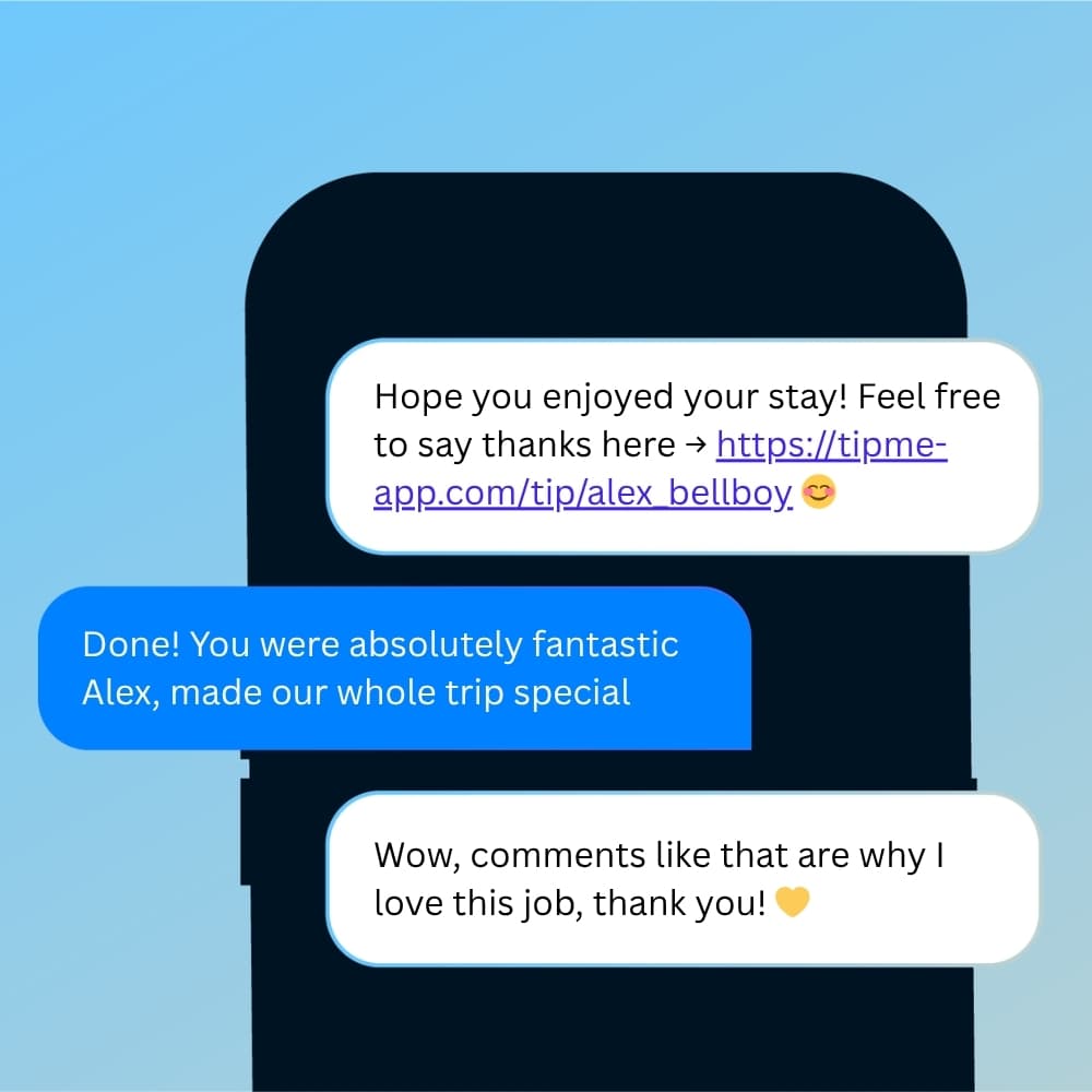 Text message conversation where a worker shares their TipMe tipping link with a guest